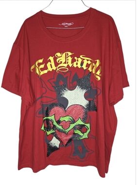 Ed Hardy Red Boxy Rhinestone Encrusted  Sacred Heart Graphic T Shirt Size XXL